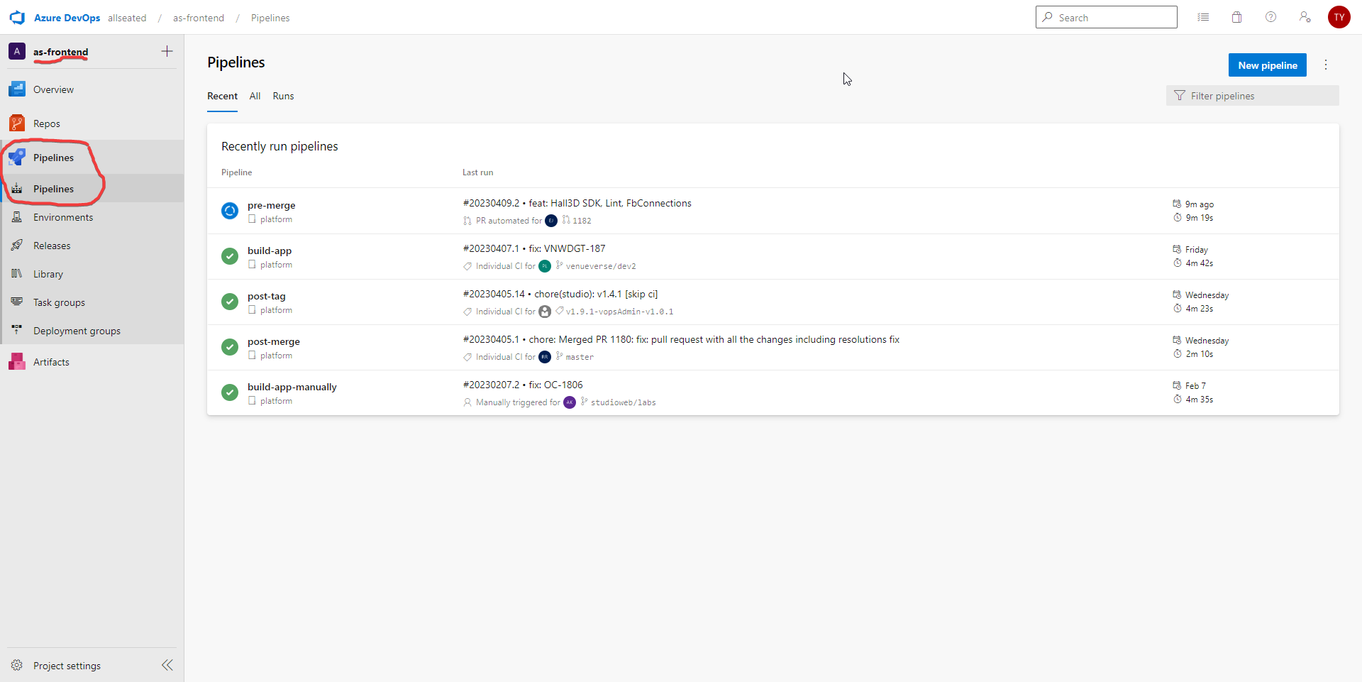 Pipelines page